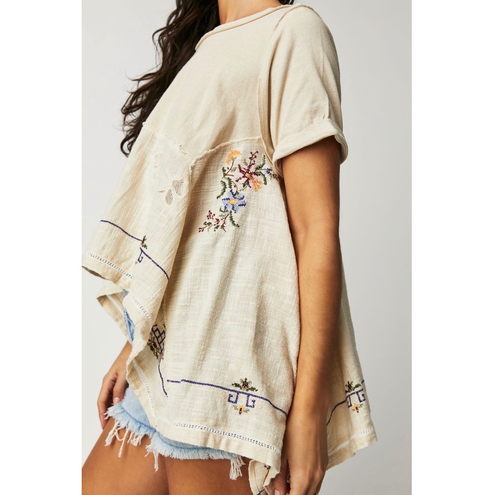 Free People We The Free Keeping It Folk Tee Cream Floral Embroidered Top Small